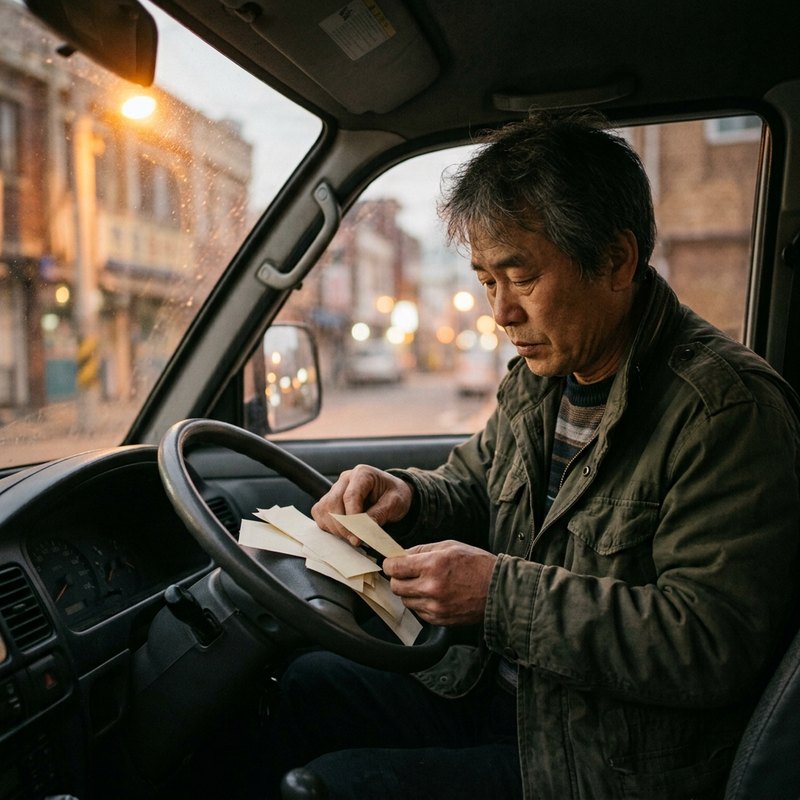 차량에서 정산 자료를 정리하는 모습