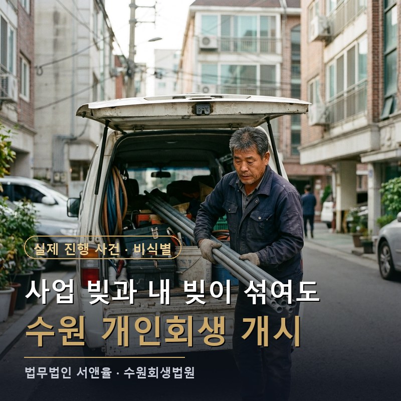 자영업자 개인회생, 사업 빚과 개인 빚이 섞였다면|수원 1인 사업자 개시결정 사례 — 이해를 돕기 위한 연출 이미지